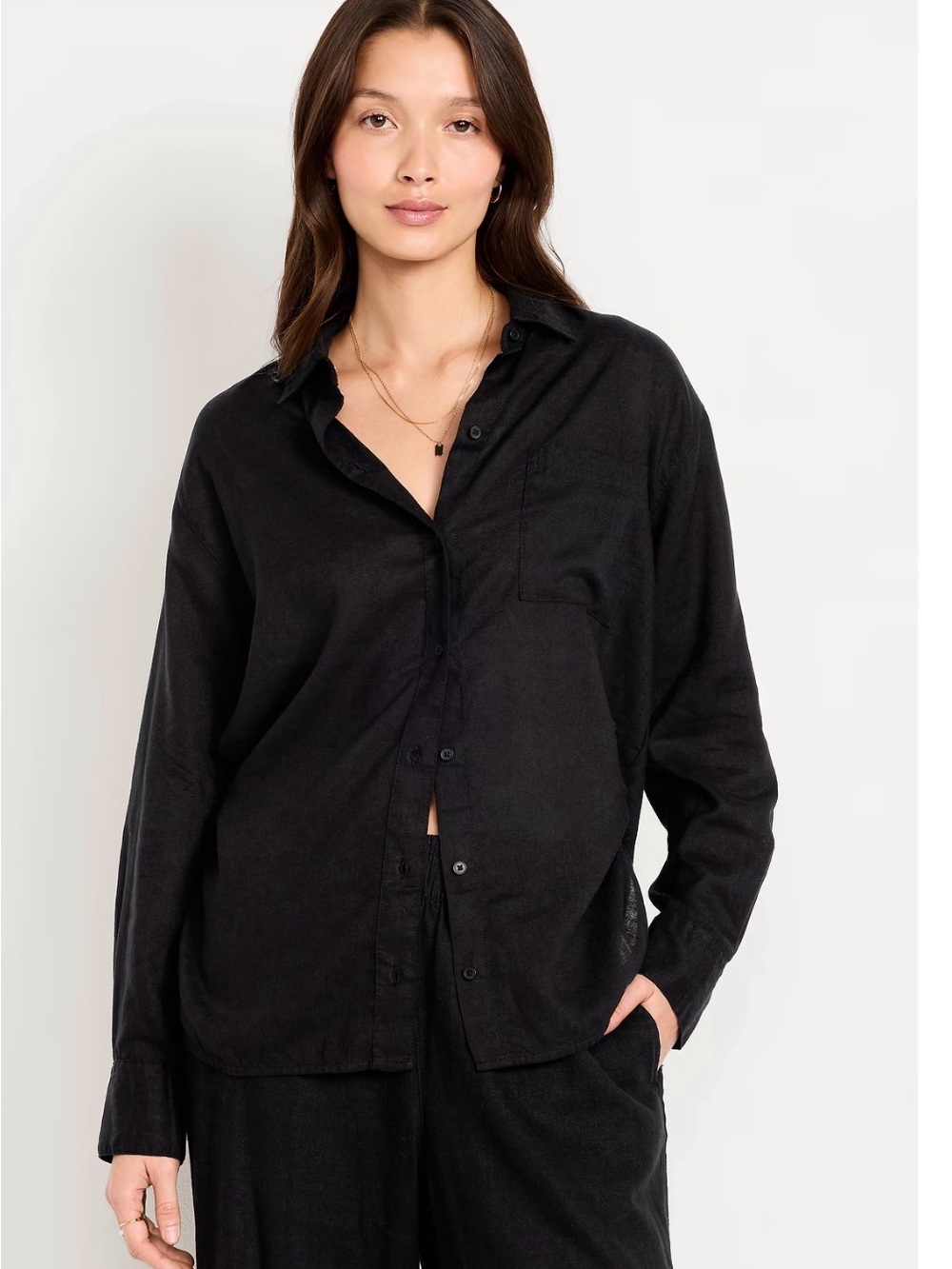 Old Navy Black Casual Linen Blend Loose Button-Down Shirt